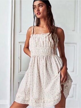 Free People Cream Floral Smocked Mini Dress